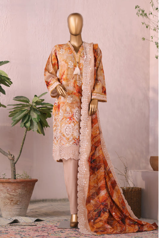 3 Pieces - Riwayat Unstitched Orange Embroidered Dupatta & Embroidered Shirt Suit