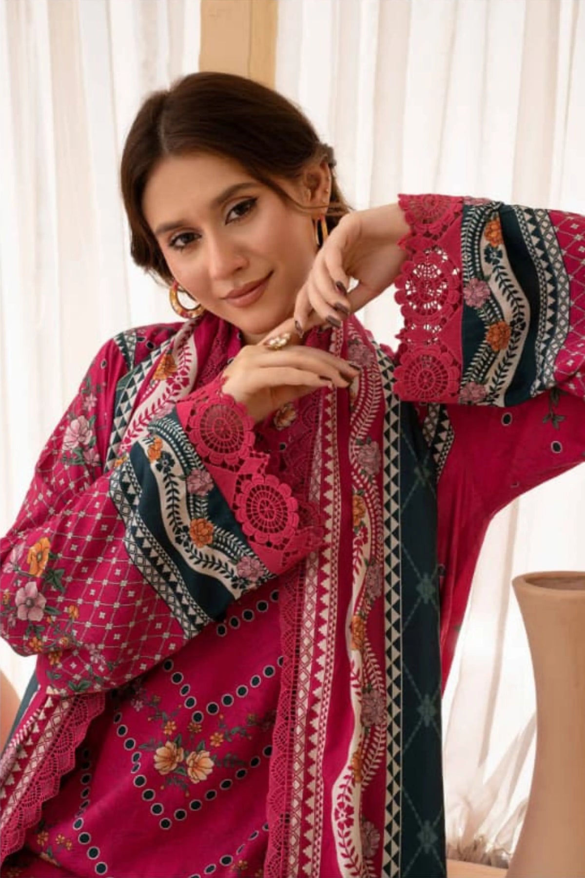 3 Pieces - Raabi  Unstitched Redish Pink Printed Ladies Linen Suit