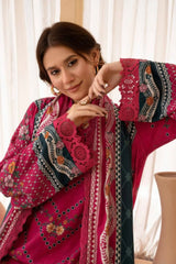 3 Pieces - Raabi  Unstitched Redish Pink Printed Ladies Linen Suit