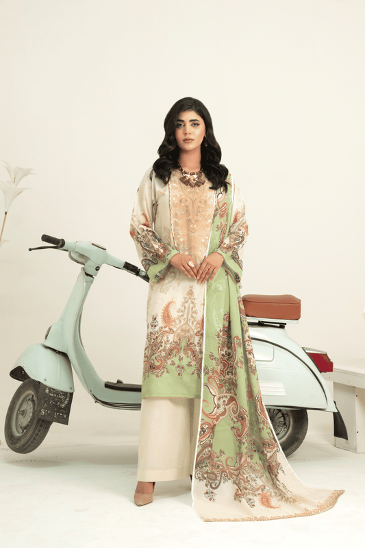 3 Piece - Gold Unstitched Off White Printed Lawn Suit