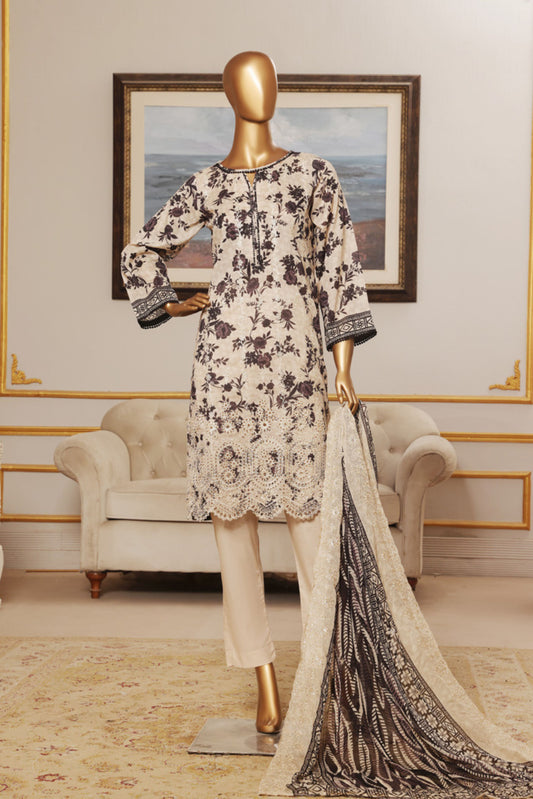 3 Pieces - Riwayat Unstitched Skin Embroided Lawn with Cutwork Chiffon Dupatta Suit