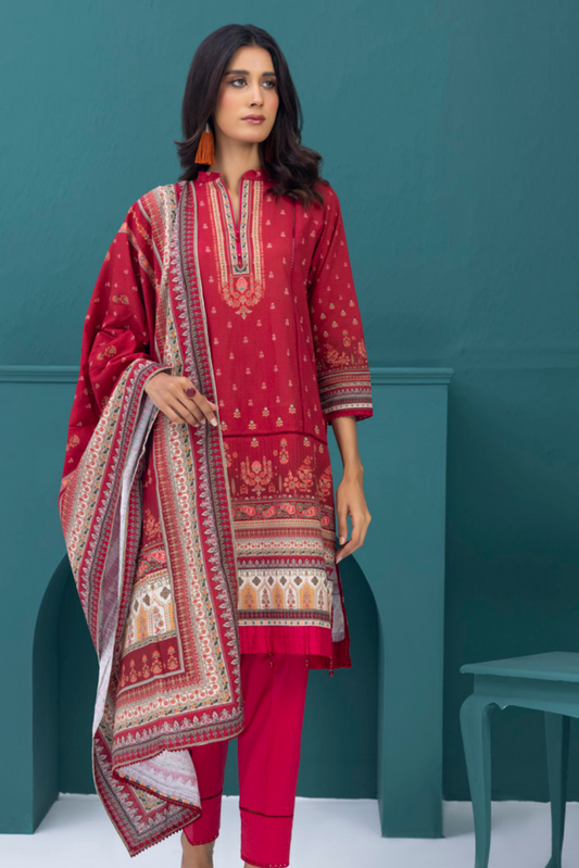 3 Pieces - Regalia Stitched Red Printed Khaddar Suit