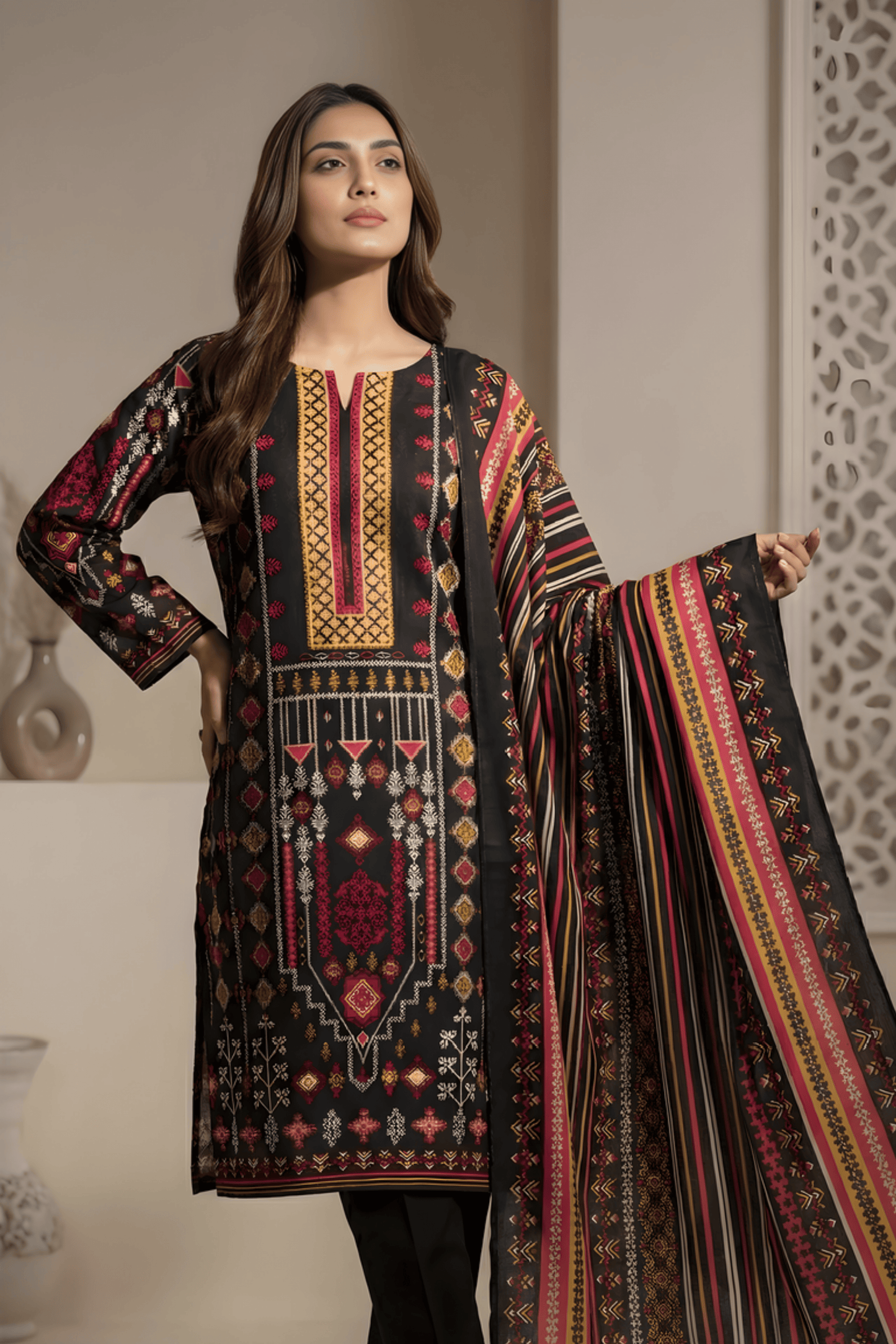 3 Pieces - Marooj Unstitched Jet Black Transliminor Magic Print Lawn Suit