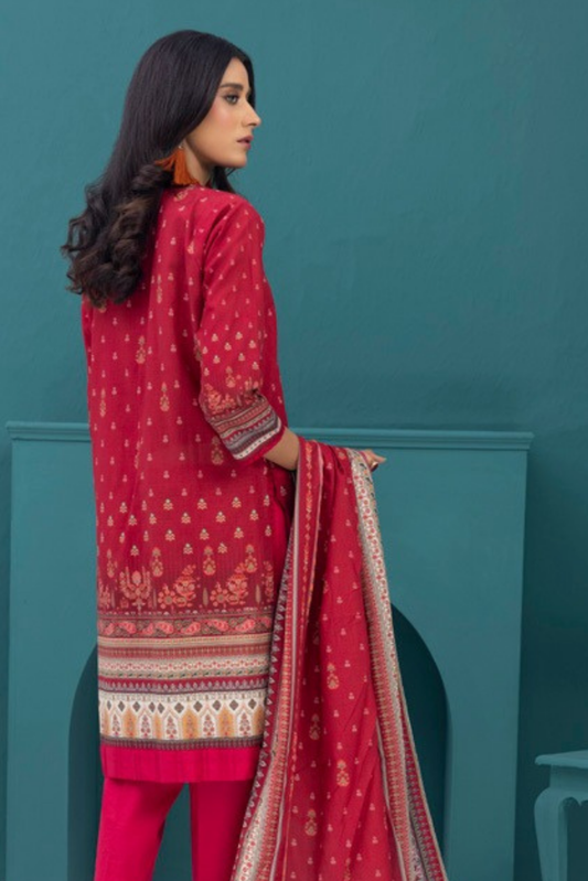 3 Pieces - Regalia Stitched Red Printed Khaddar Suit