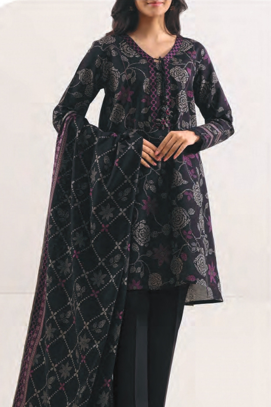 3 Pieces - Saya Unstitched Black Printed Khaddar Suit
