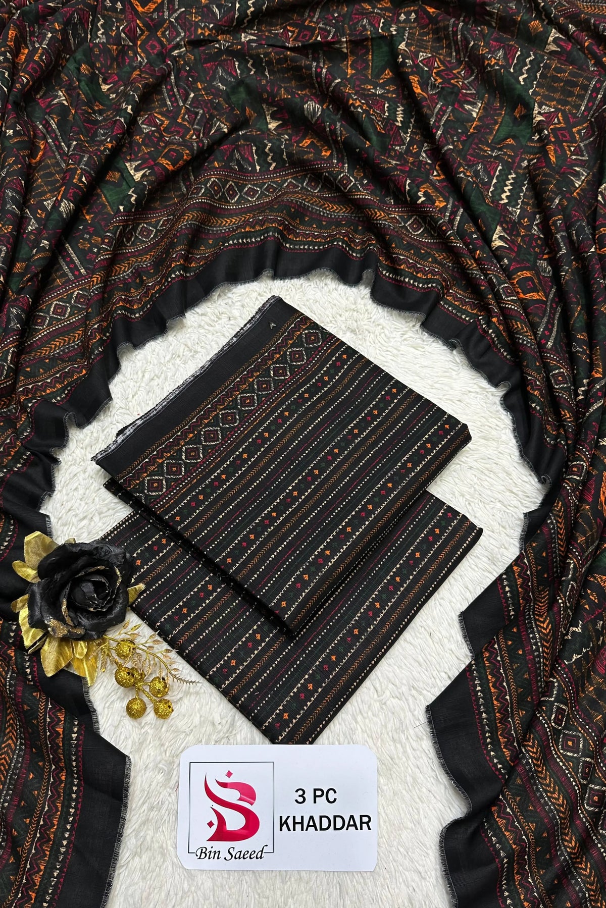 3 Pieces - Bin Saeed Unstitched Black Ladies Printed Khaddar Suit