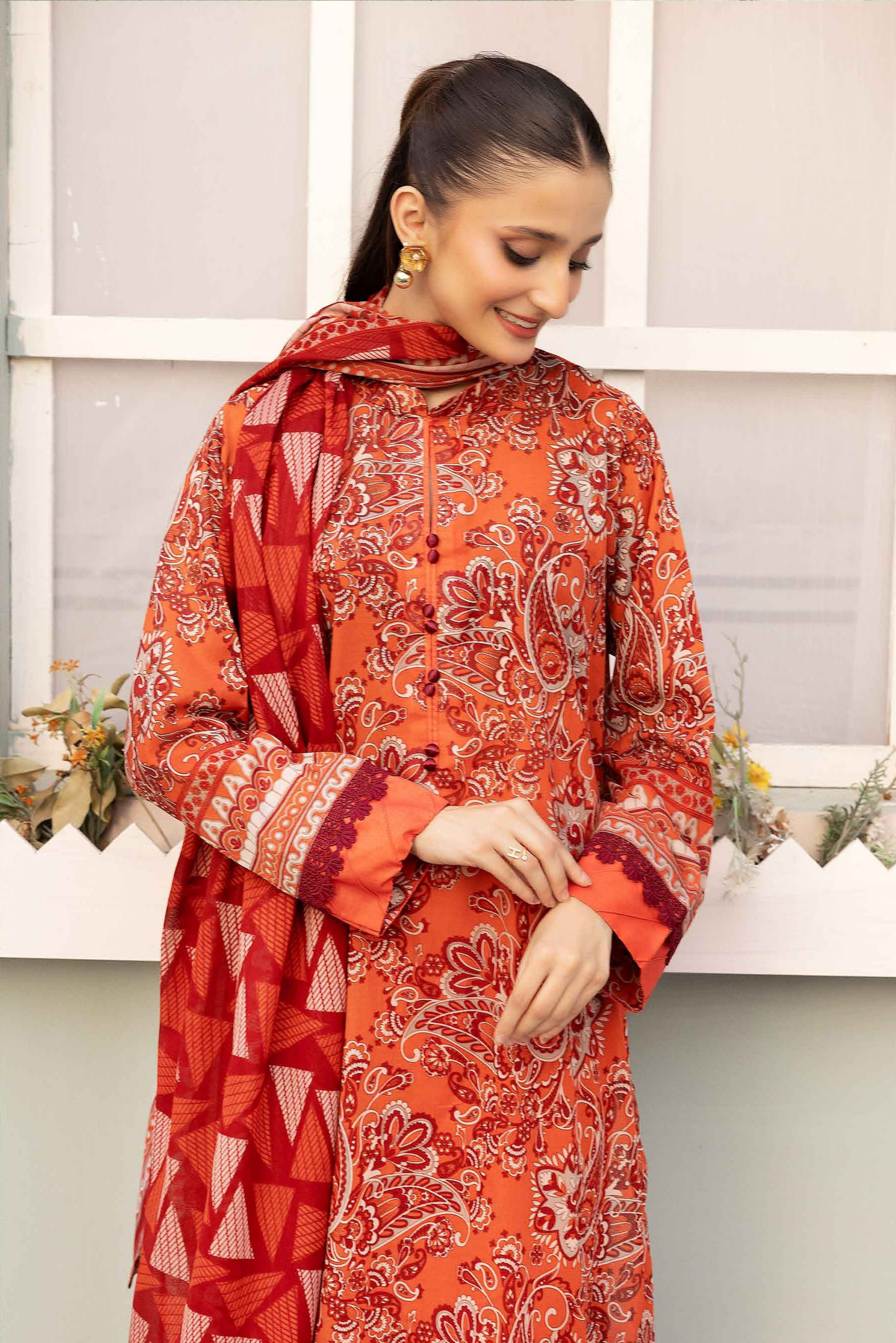 3 Pieces - Haya By Legends Unstitched Orange Printed Lawn Suit