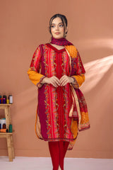 3 Pieces - Regalia Unstitched Red Fancy Zari Dupatta Printed Shirt Lawn Suit