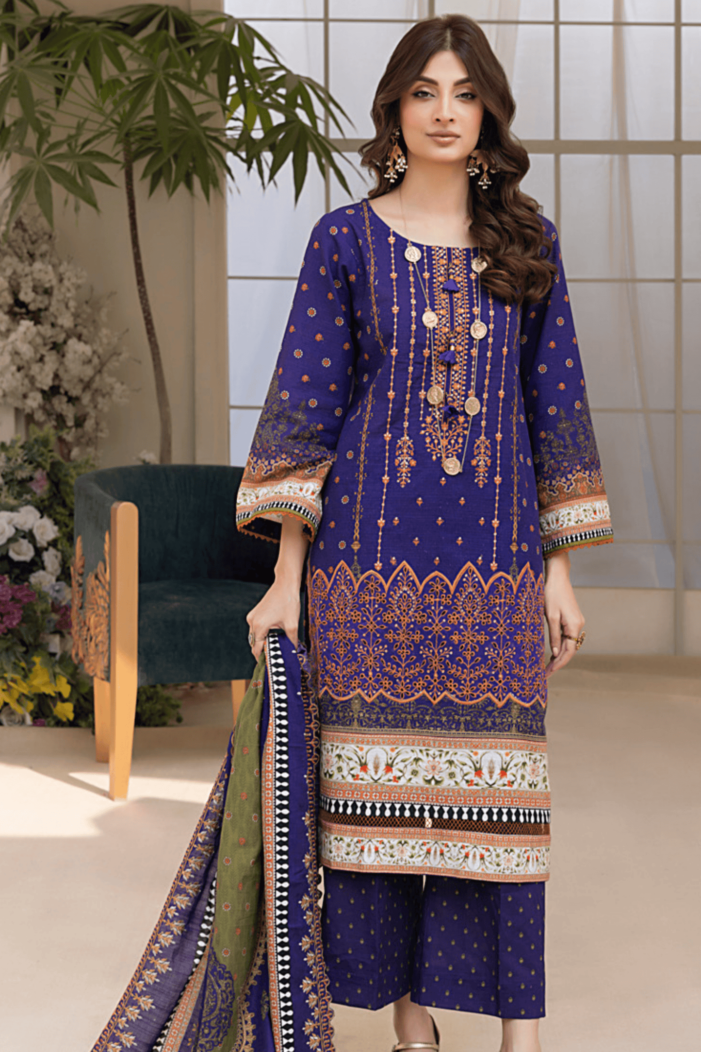 3 Pieces - Regalia Stitched purple Embroidered Khaddar Suit