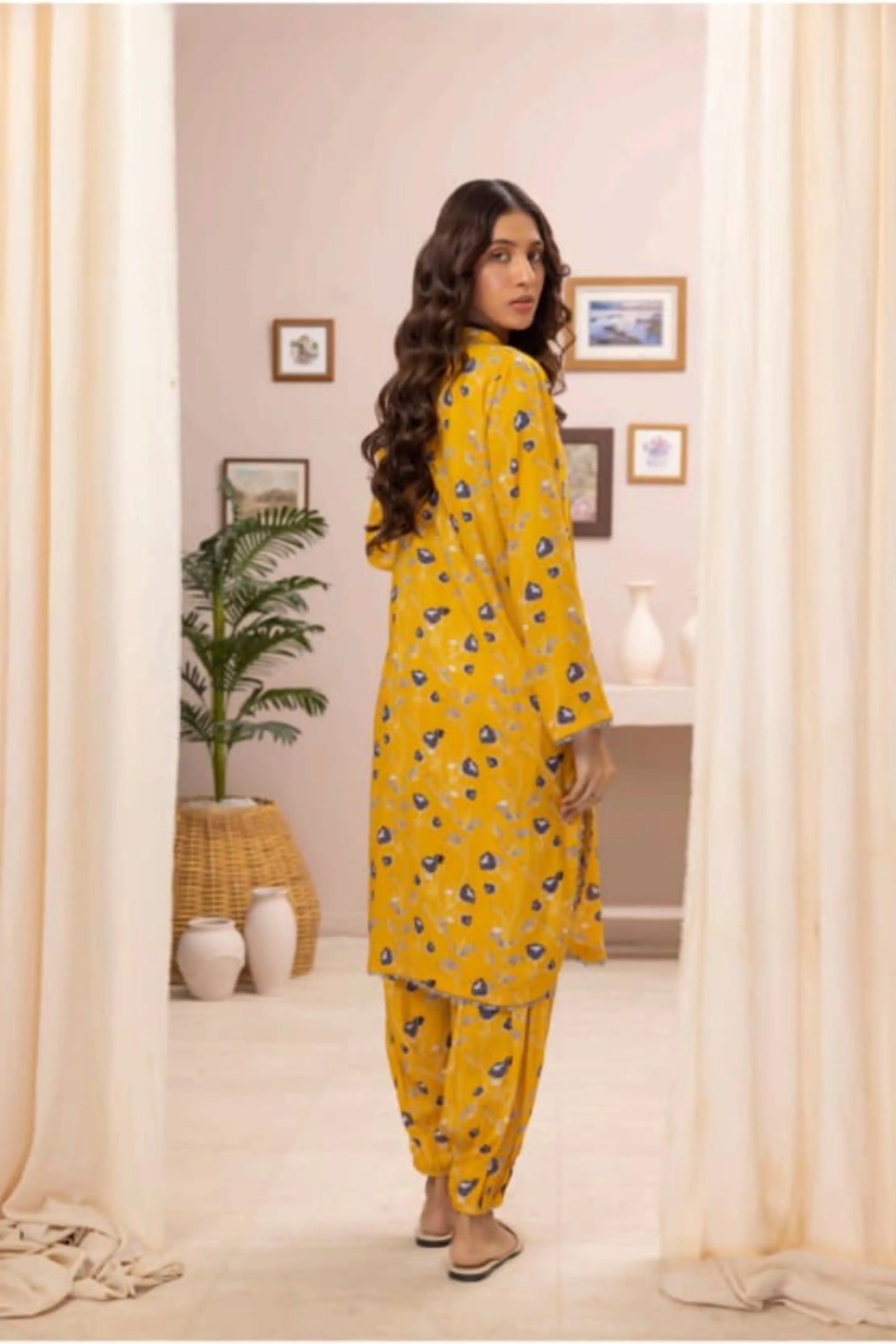 2 Piece: Regalia Unstitched Printed Yellow Ladies Linen Suit