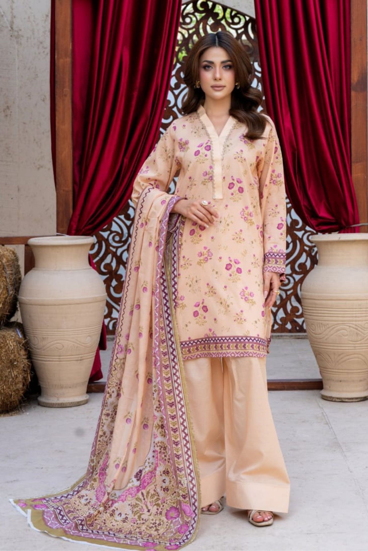 3 Pieces - Marooj Gold Unstitched Skin Print Lawn Suit