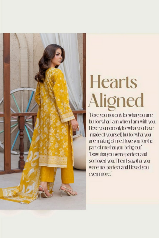 3 Pieces - Marooj Gold Unstitched Lemon Print Lawn Suit