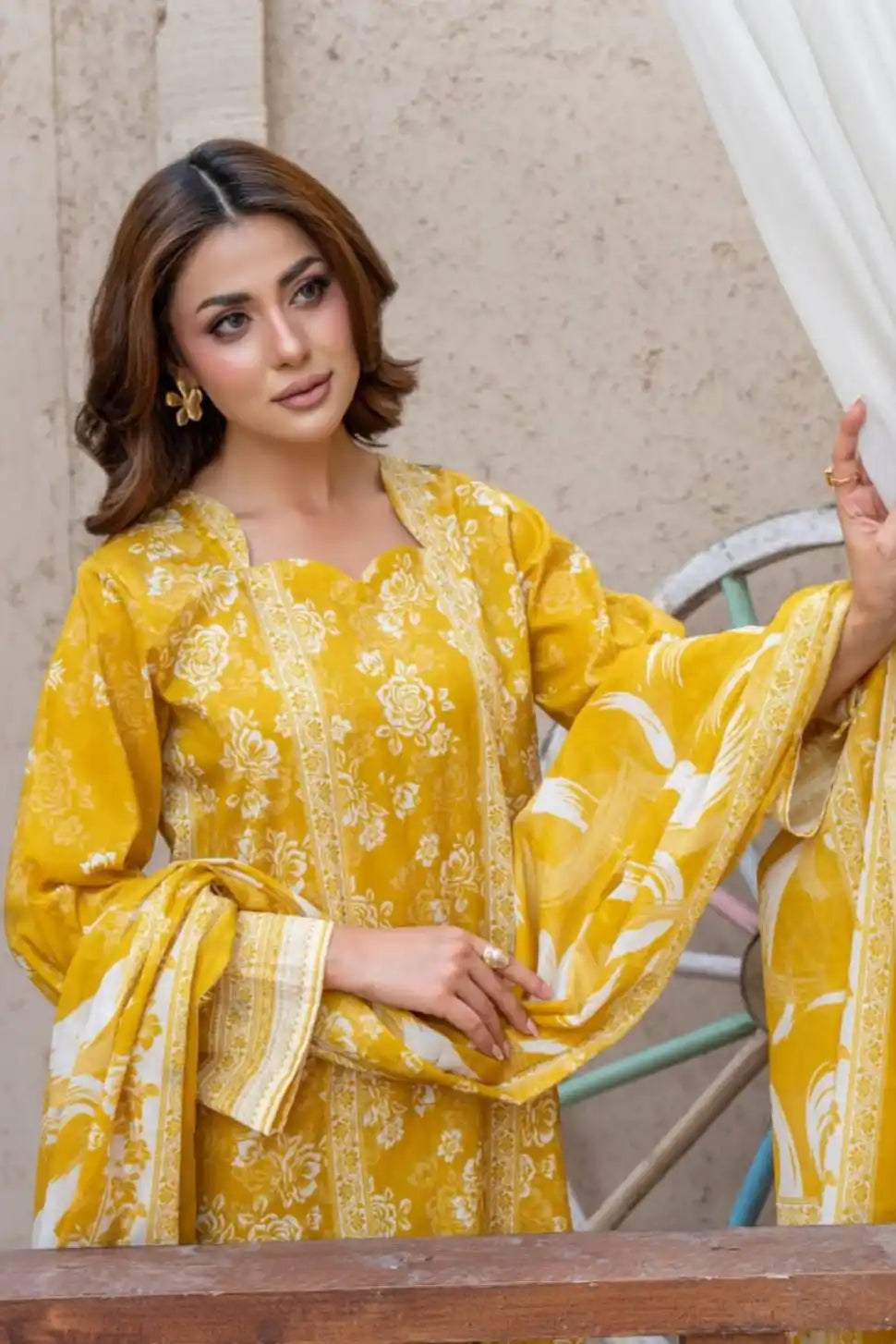 3 Pieces - Marooj Gold Unstitched Lemon Print Lawn Suit