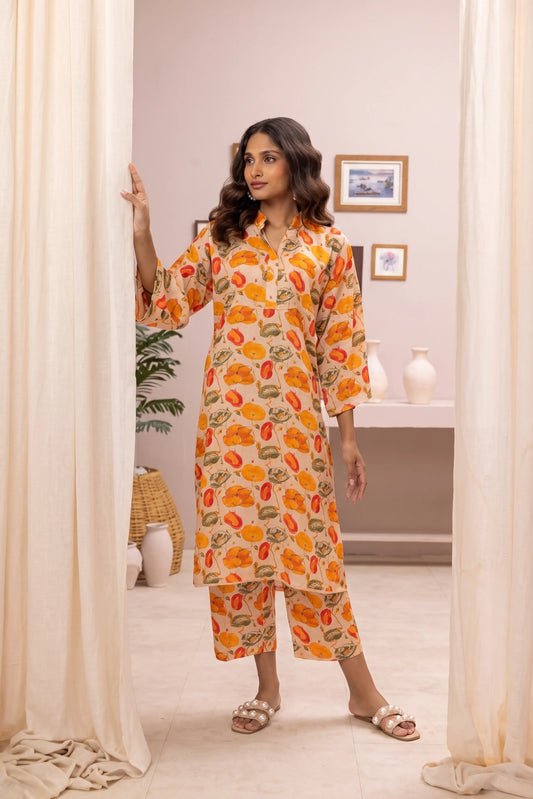 2 Piece: Regalia Unstitched Printed Peach Ladies Linen Suit