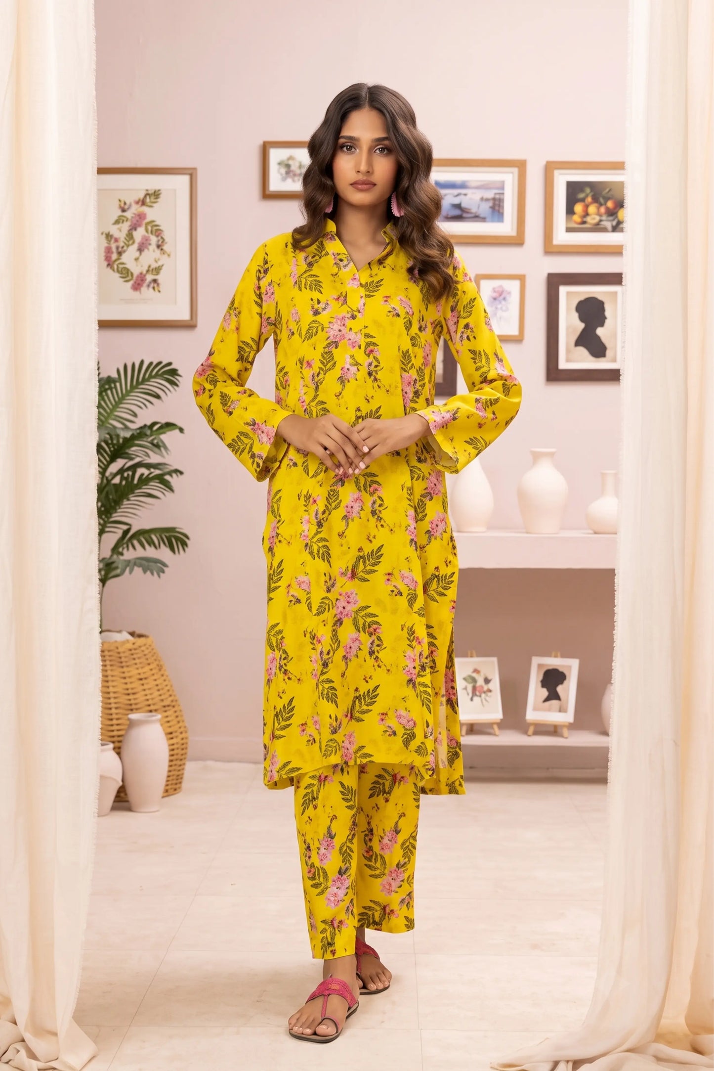 2 Piece: Regalia Unstitched Printed Yellow Ladies Linen Suit