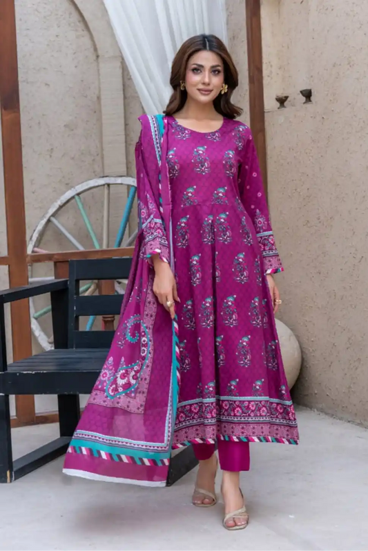 3 Pieces - Marooj Gold Unstitched Plum Print Lawn Suit