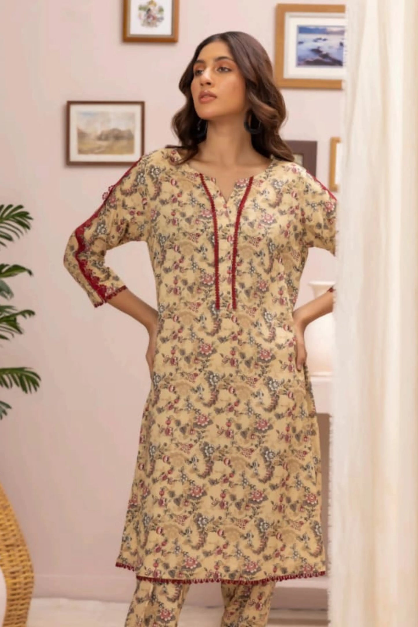 2 Piece: Regalia Unstitched Printed Cream Ladies Linen Suit