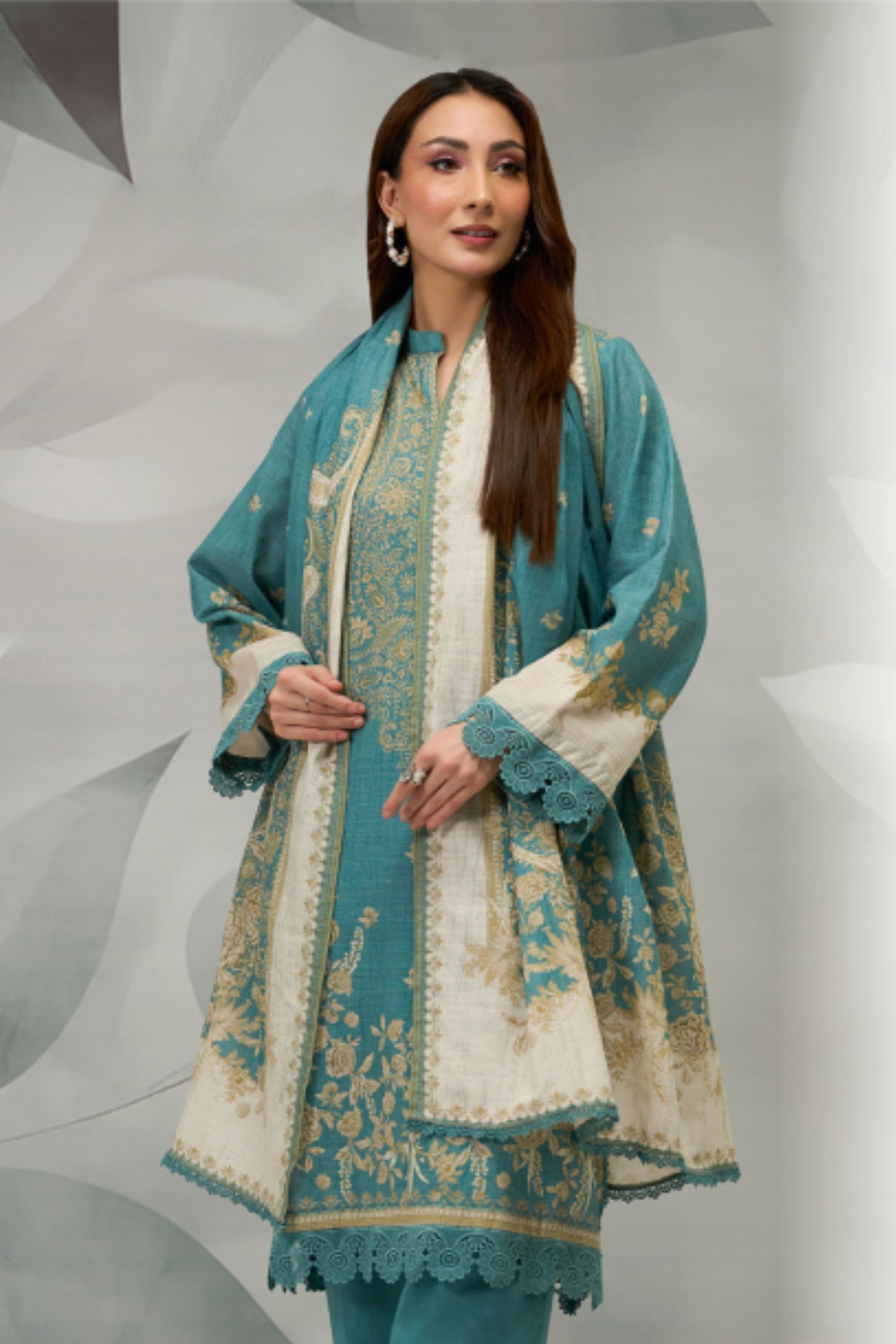 3 Pieces - Regalia Unstitched Dark Ferozi Printed Khaddar Suit