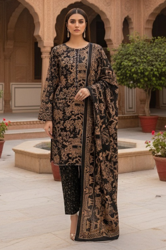 3 Pieces - Marooj Unstitched Black BanaDora Linen Suit