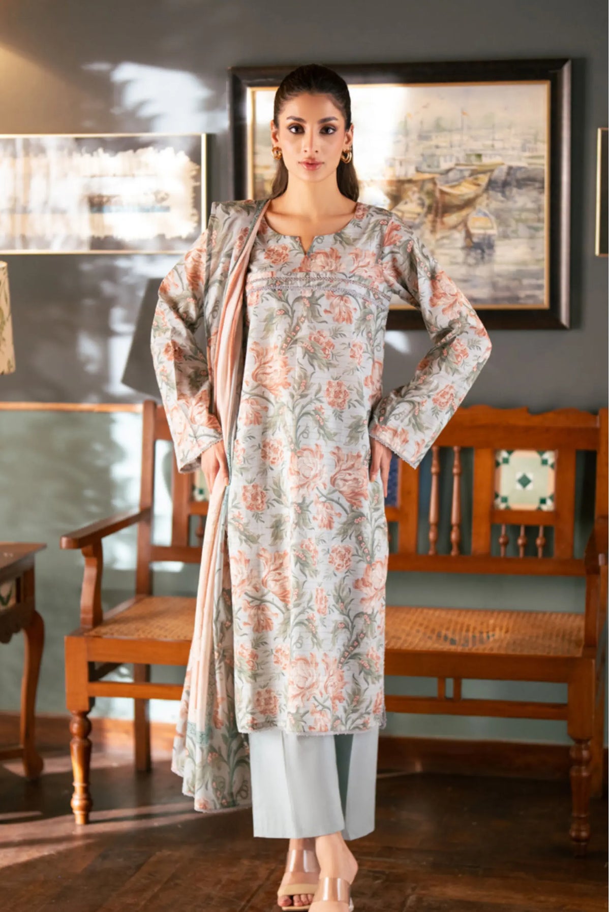 3 Pieces - Regalia Unstitched Gray Bana Dora Lawn Suit