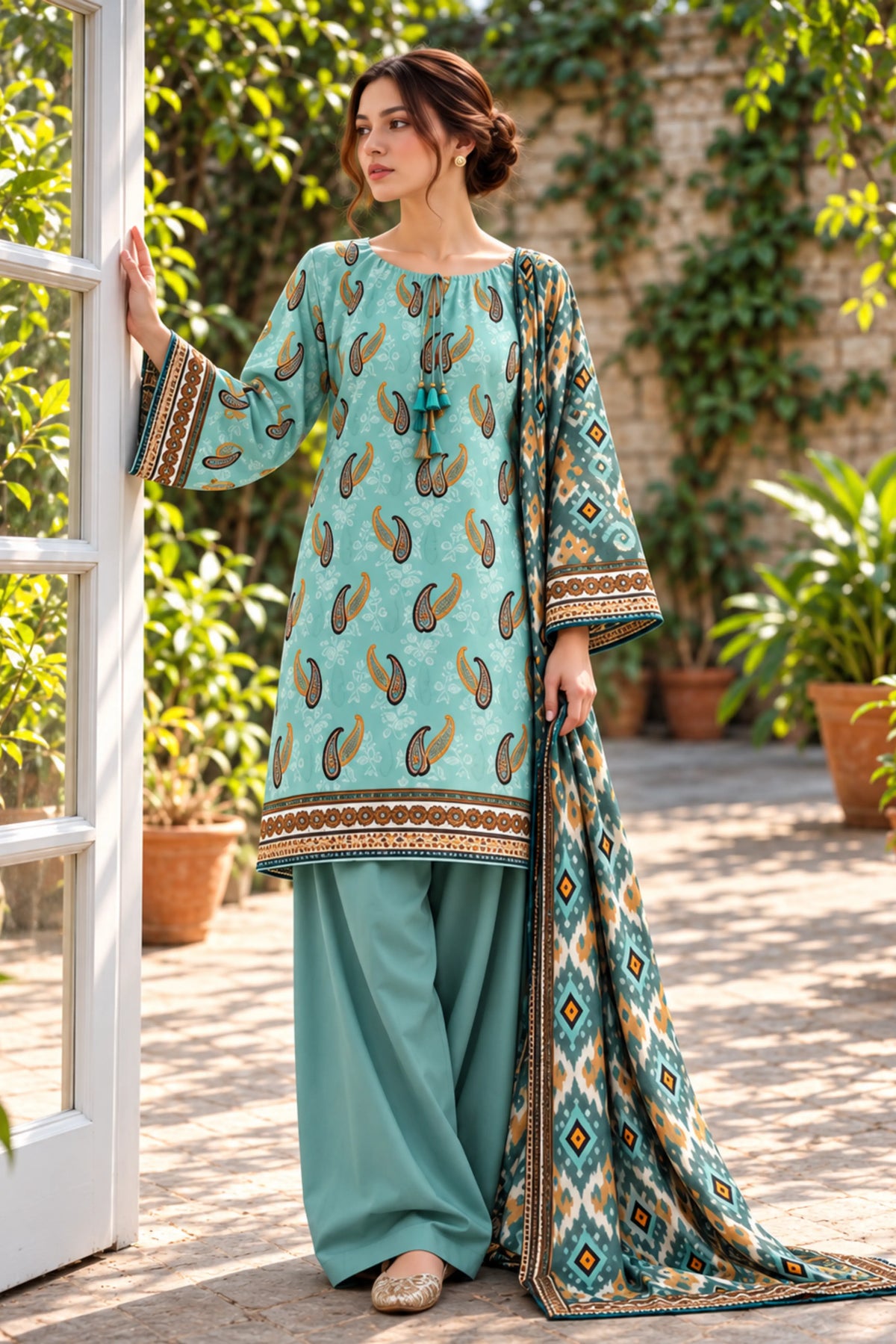 3 Piece - Marooj Ethnic Premium Printed  Unstitched Sky Blue khaddar Suit
