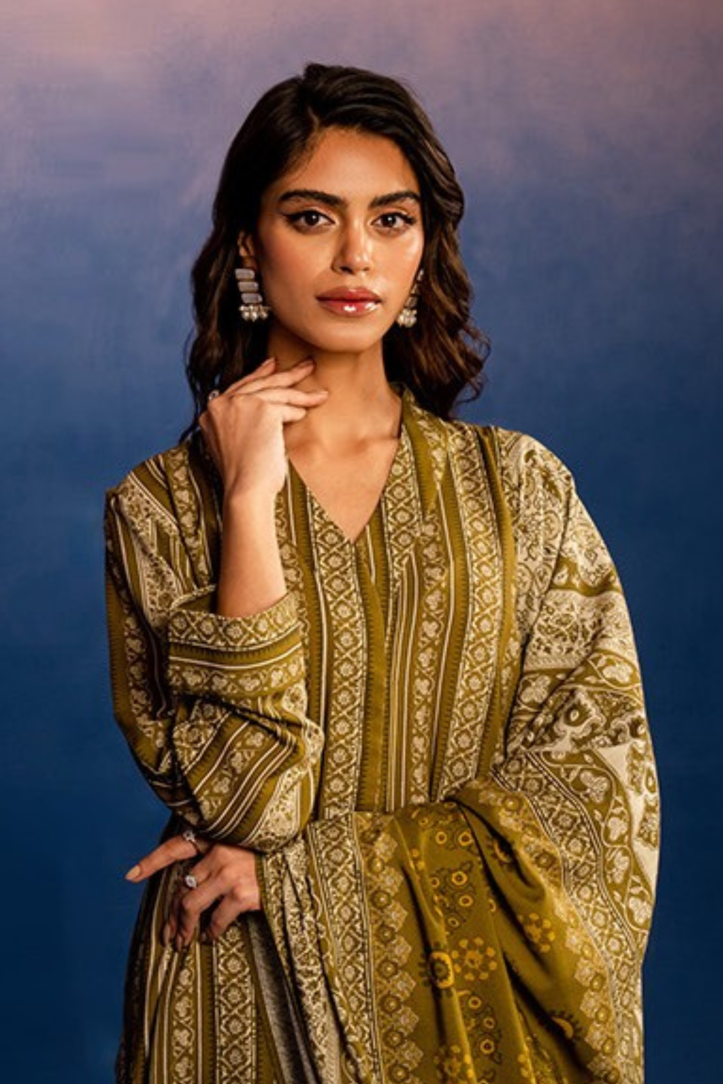 3 Pieces - Nishat Unstitched Mehndi Printed Linen Suit