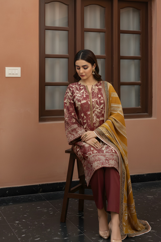 3 Pieces - Marooj Unstitched Maroon Printed Khaddar Suit