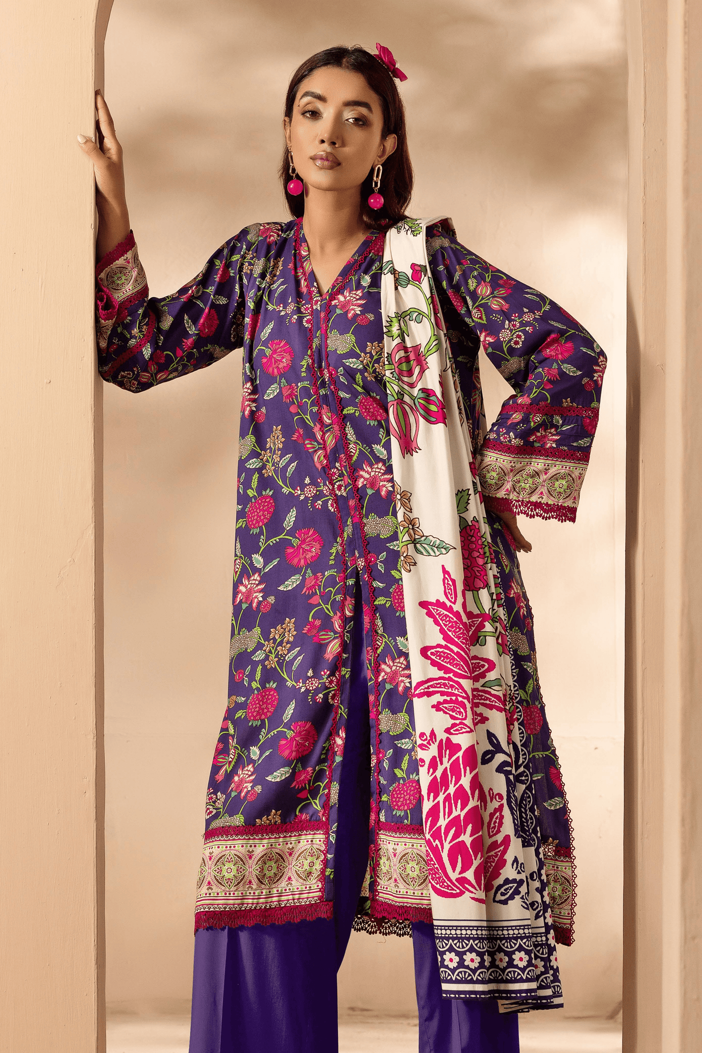 3 Pieces - Rangreza Unstitched Purple Printed Linen Suit