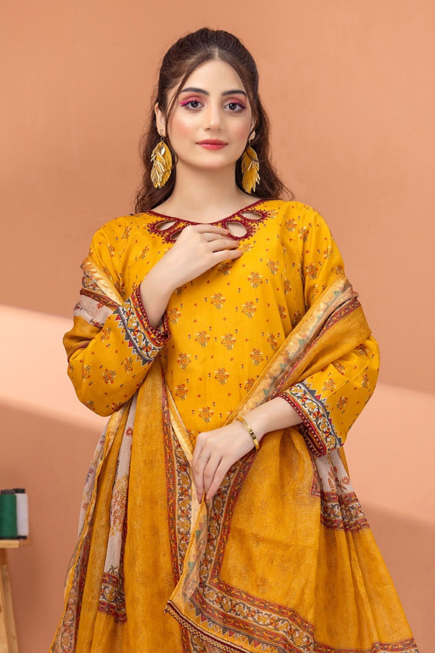 3 Pieces - Regalia Unstitched Mustard Fancy Zari Dupatta Printed Shirt Lawn Suit