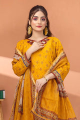3 Pieces - Regalia Unstitched Mustard Fancy Zari Dupatta Printed Shirt Lawn Suit