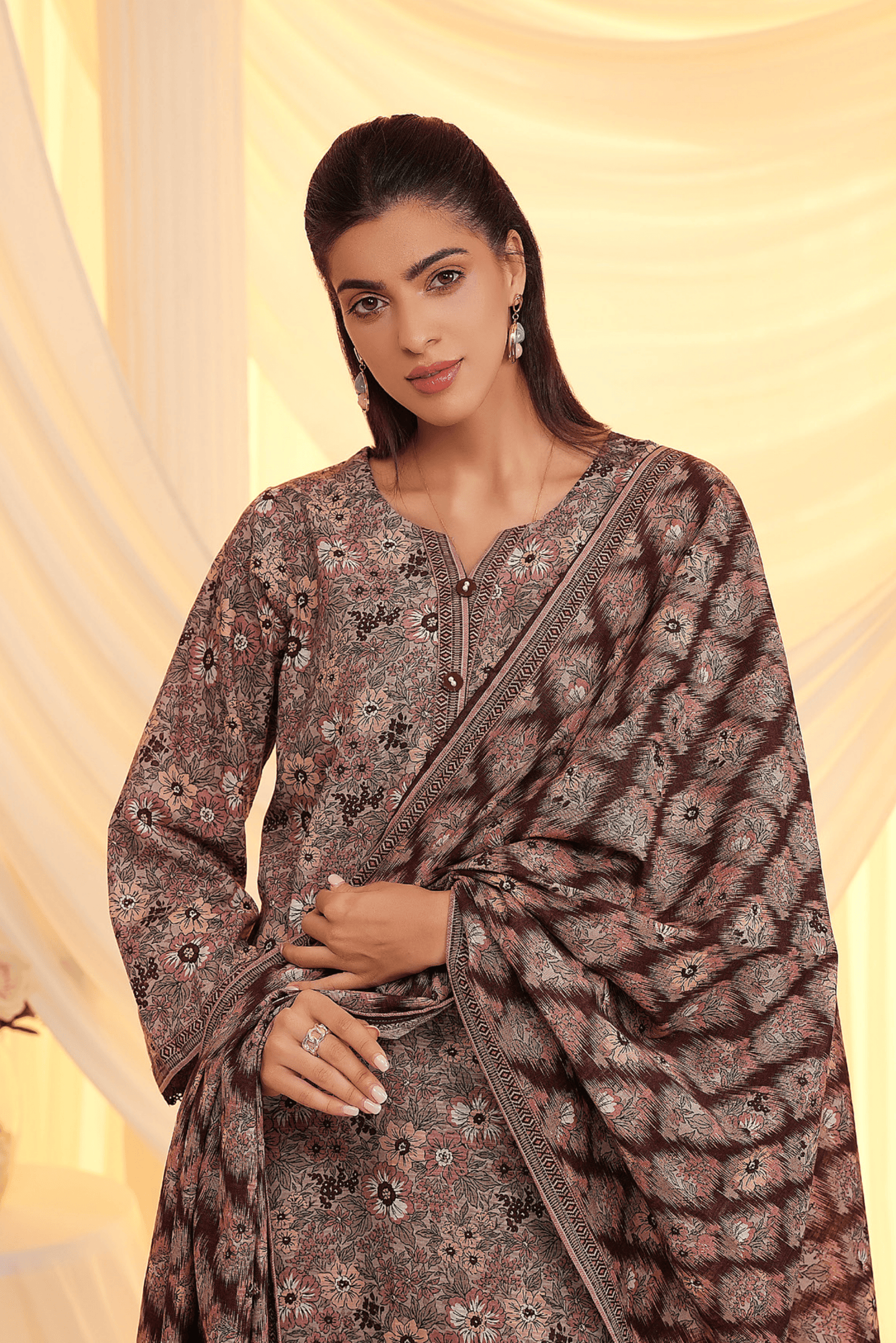 3 Pieces - Regalia Unstitched Peach Printed Khaddar Suit