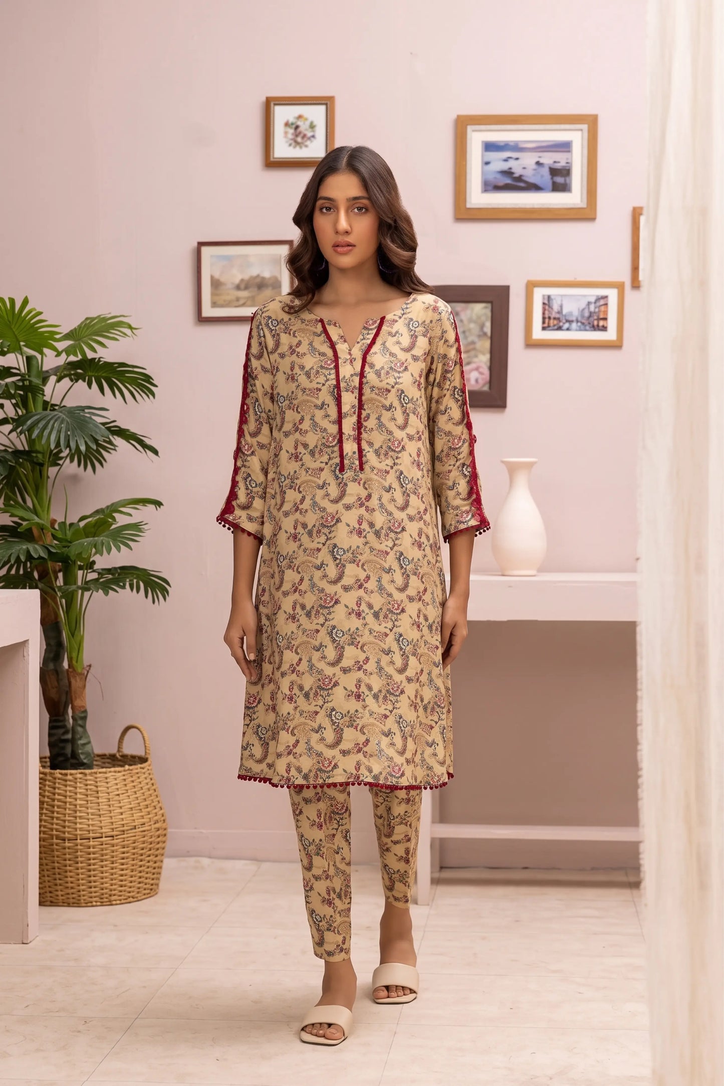 2 Piece: Regalia Unstitched Printed Cream Ladies Linen Suit