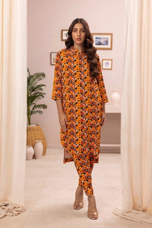 2 Piece: Regalia Unstitched Printed Orange Ladies Linen Suit