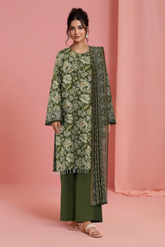 3 Pieces - Sapphire Unstitched Dark Olive Green Lawn Suit