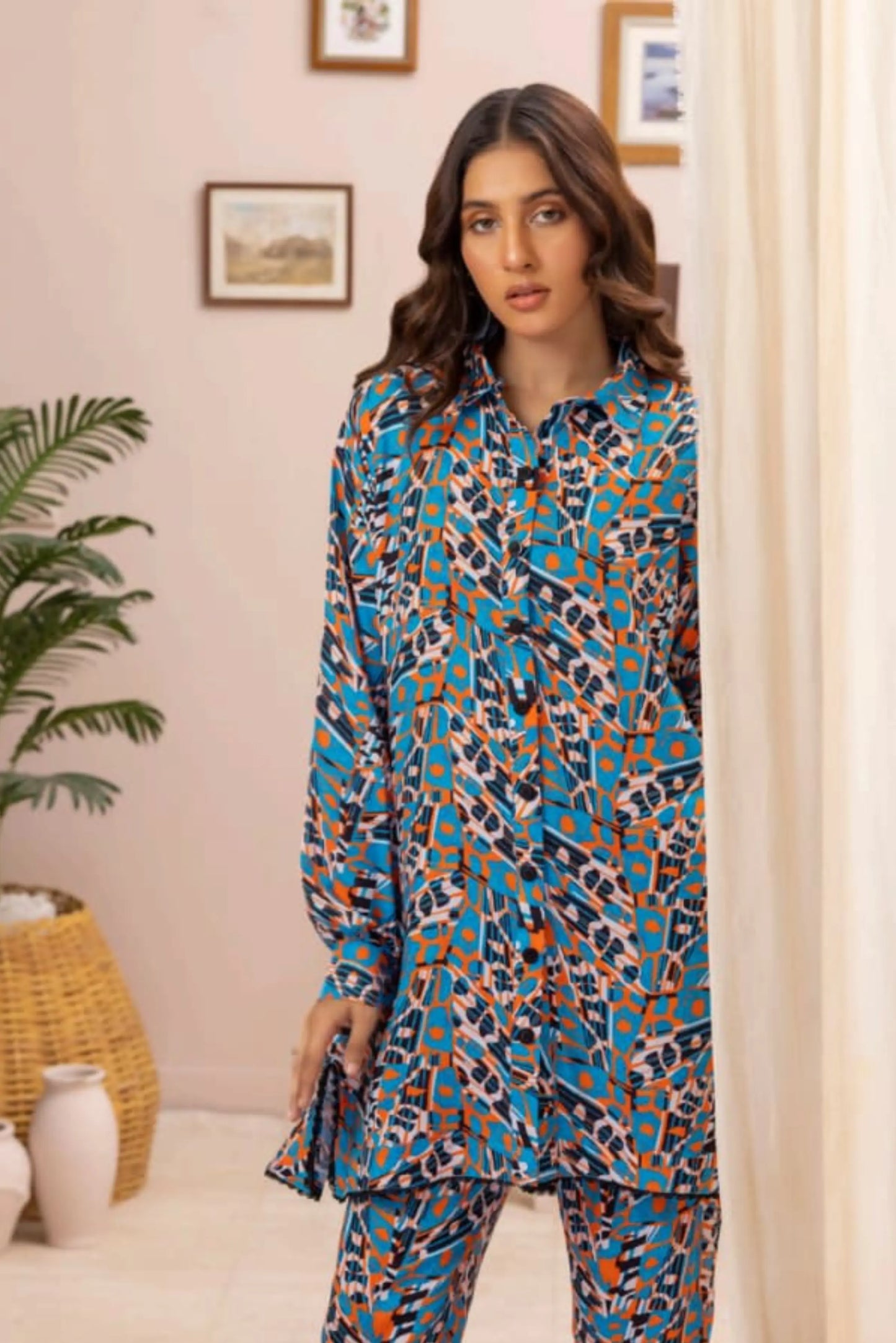 2 Piece: Regalia Unstitched Printed Tale Blue Ladies Linen Suit