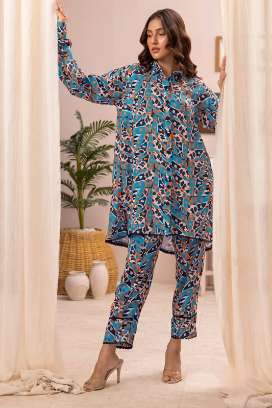 2 Piece: Regalia Unstitched Printed Tale Blue Ladies Linen Suit