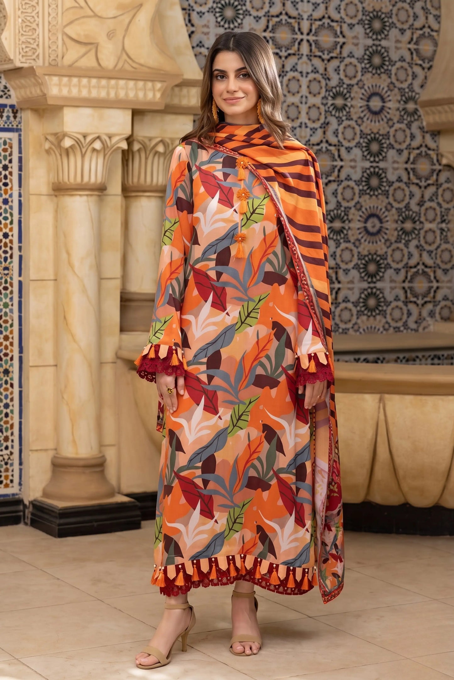 3 Pieces - Regalia Unstitched Orange Printed Linen Ladies Suit