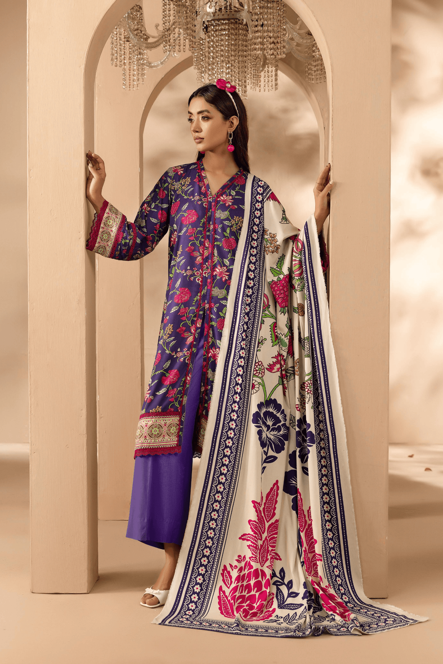 3 Pieces - Rangreza Unstitched Purple Printed Linen Suit