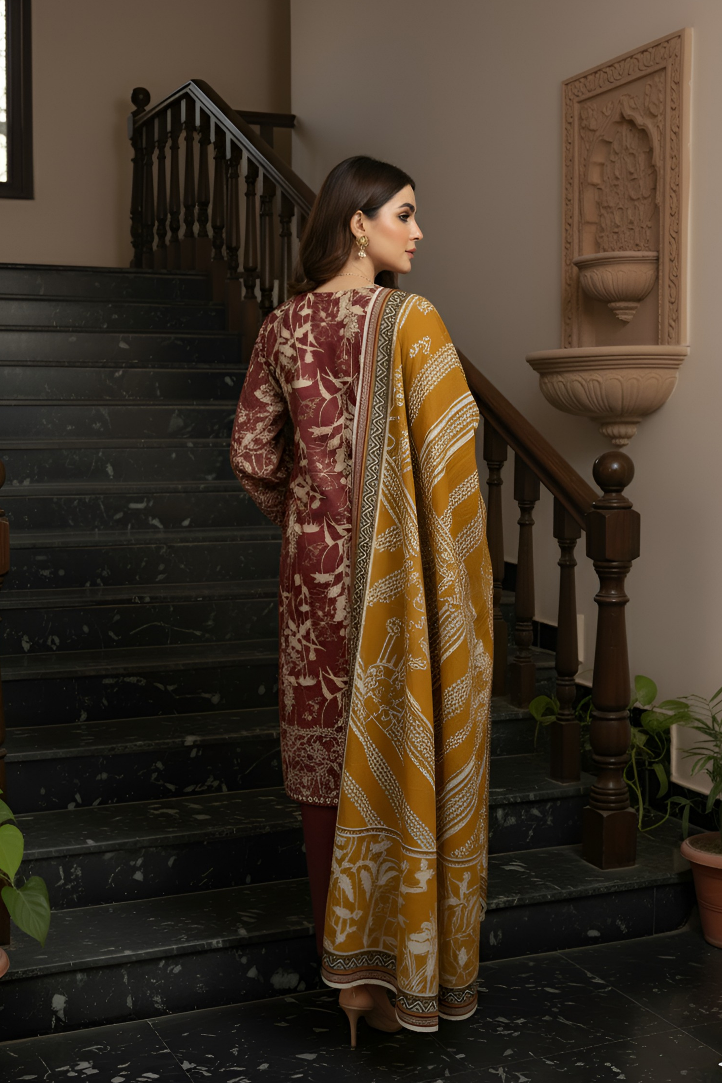3 Pieces - Marooj Unstitched Maroon Printed Khaddar Suit
