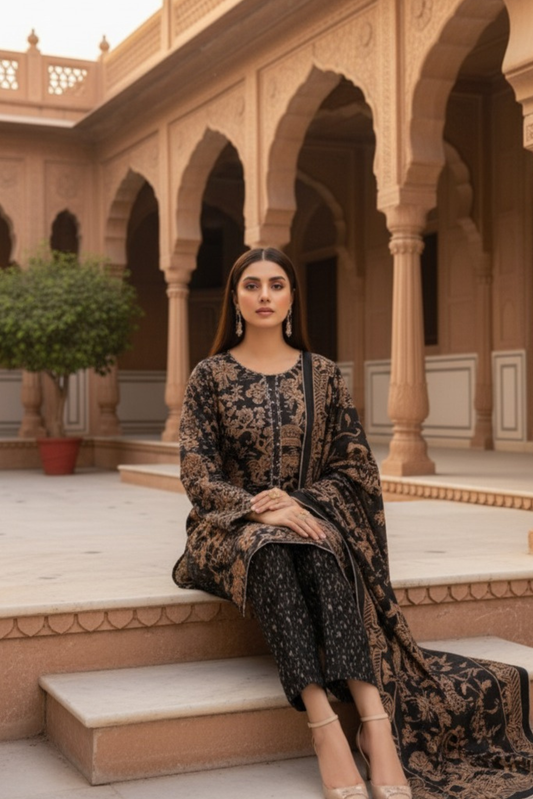 3 Pieces - Marooj Unstitched Black BanaDora Linen Suit