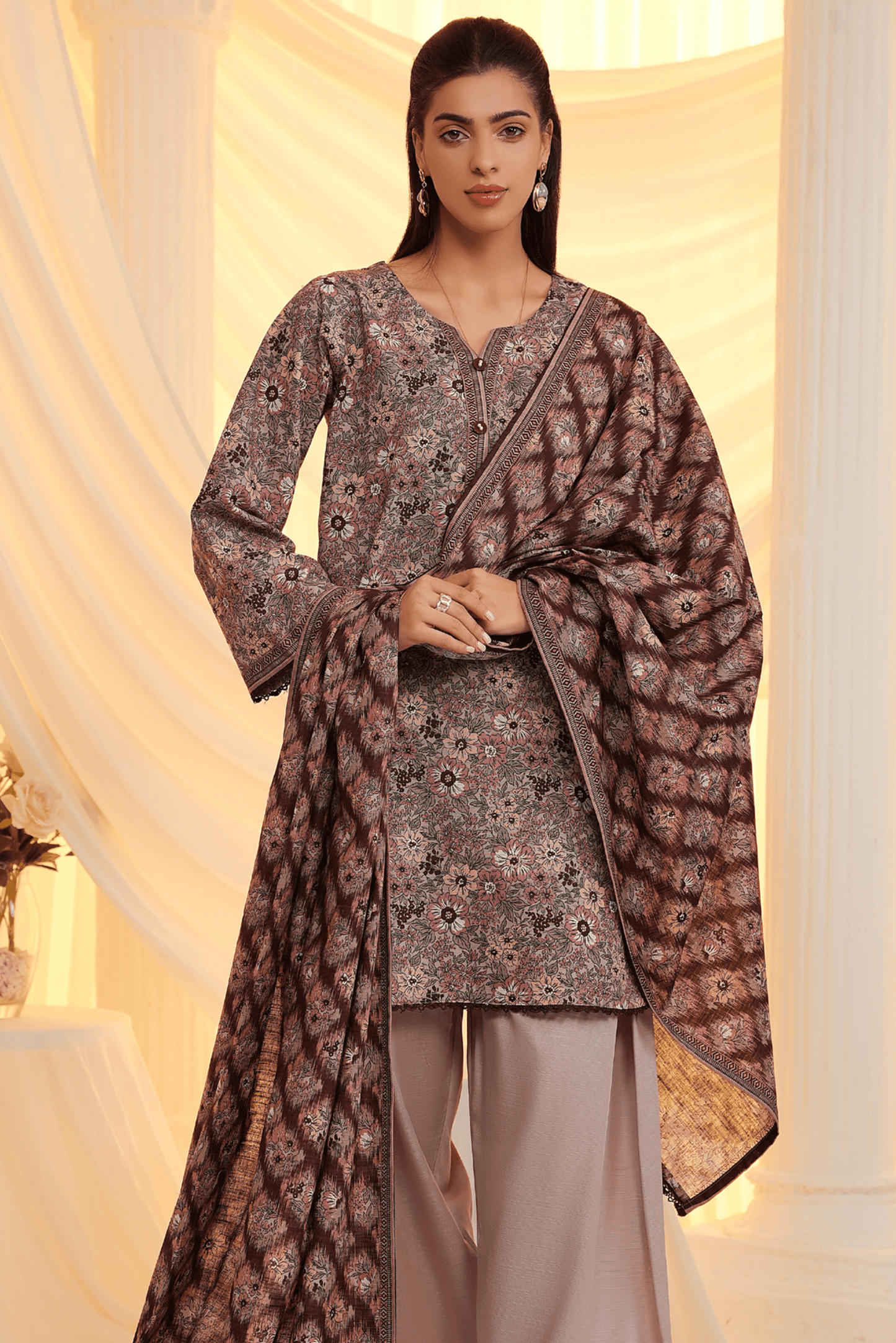 3 Pieces - Regalia Unstitched Peach Printed Khaddar Suit
