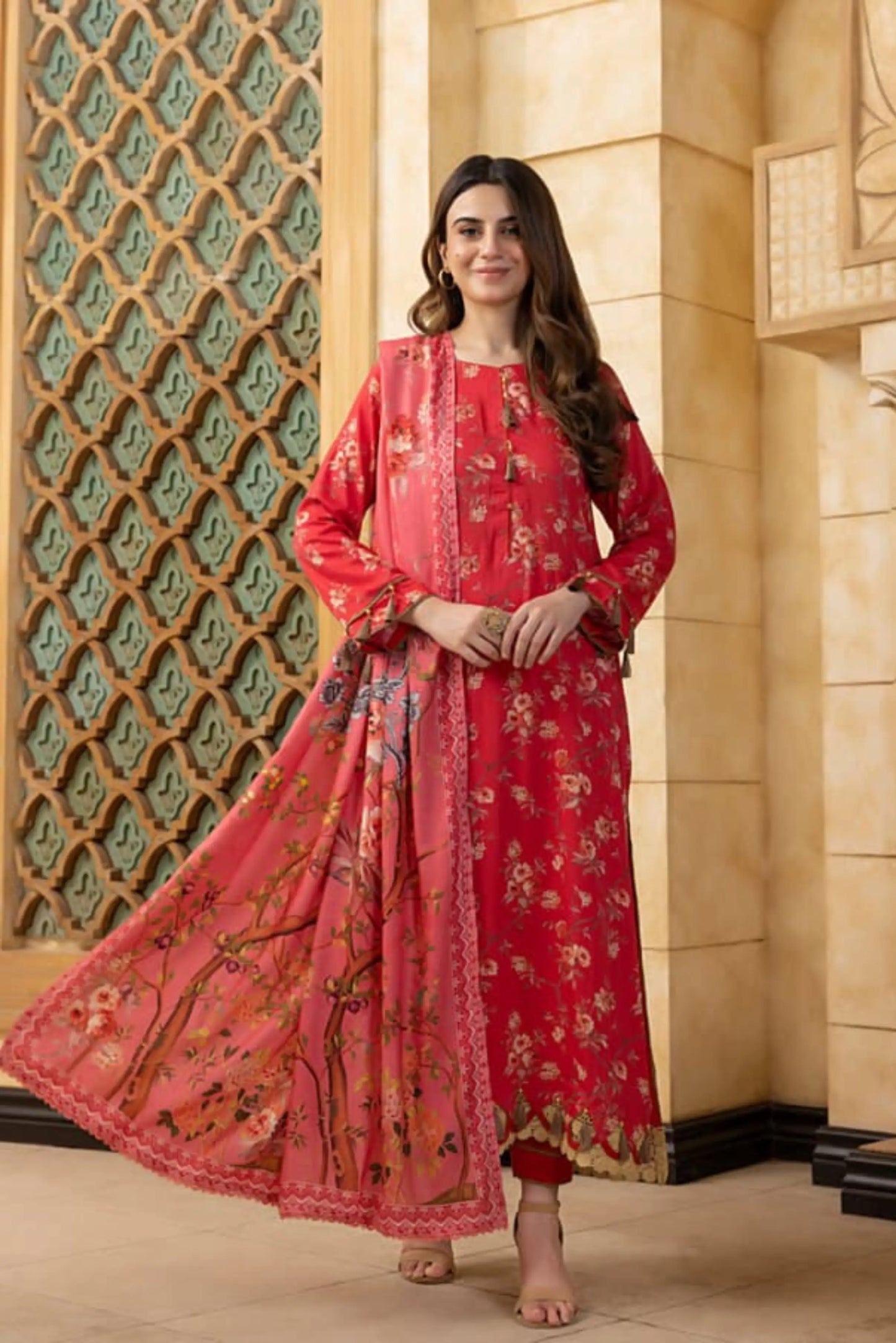 3 Pieces - Regalia Unstitched Red Printed Linen Ladies Suit