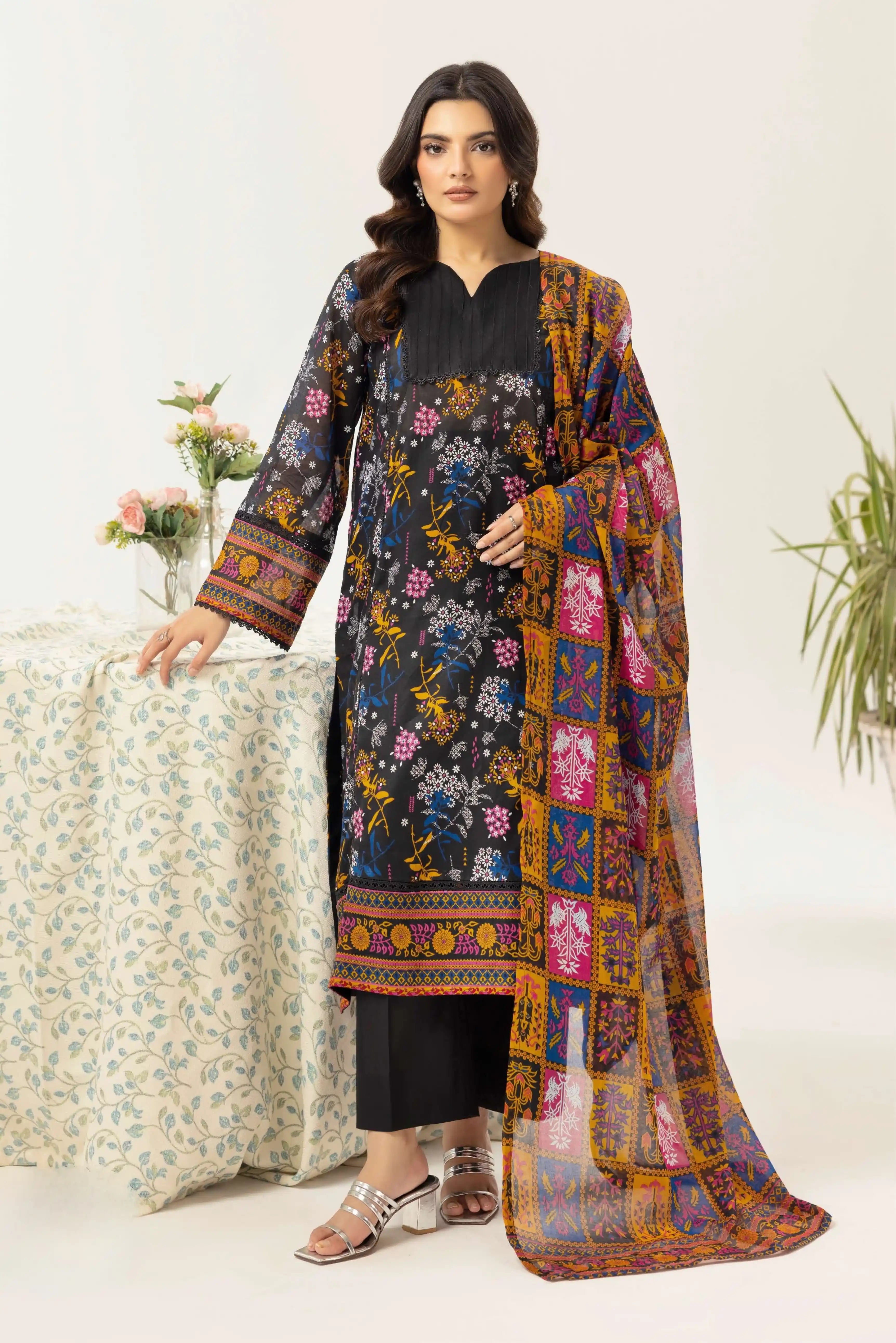 3 Pieces - Haya By Legends Unstitched Black Printed Lawn Suit