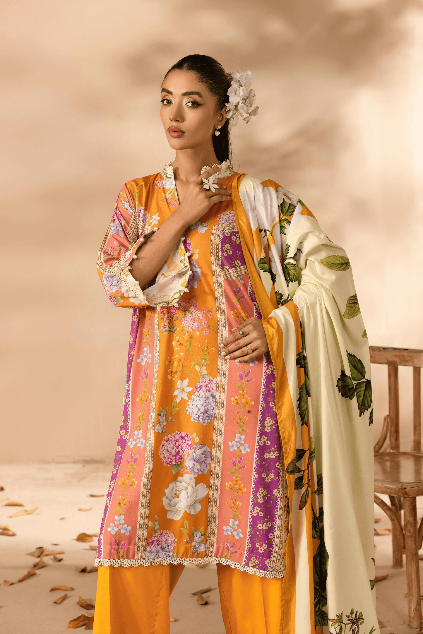 3 Pieces - Rangreza Unstitched Orange Printed Linen Suit