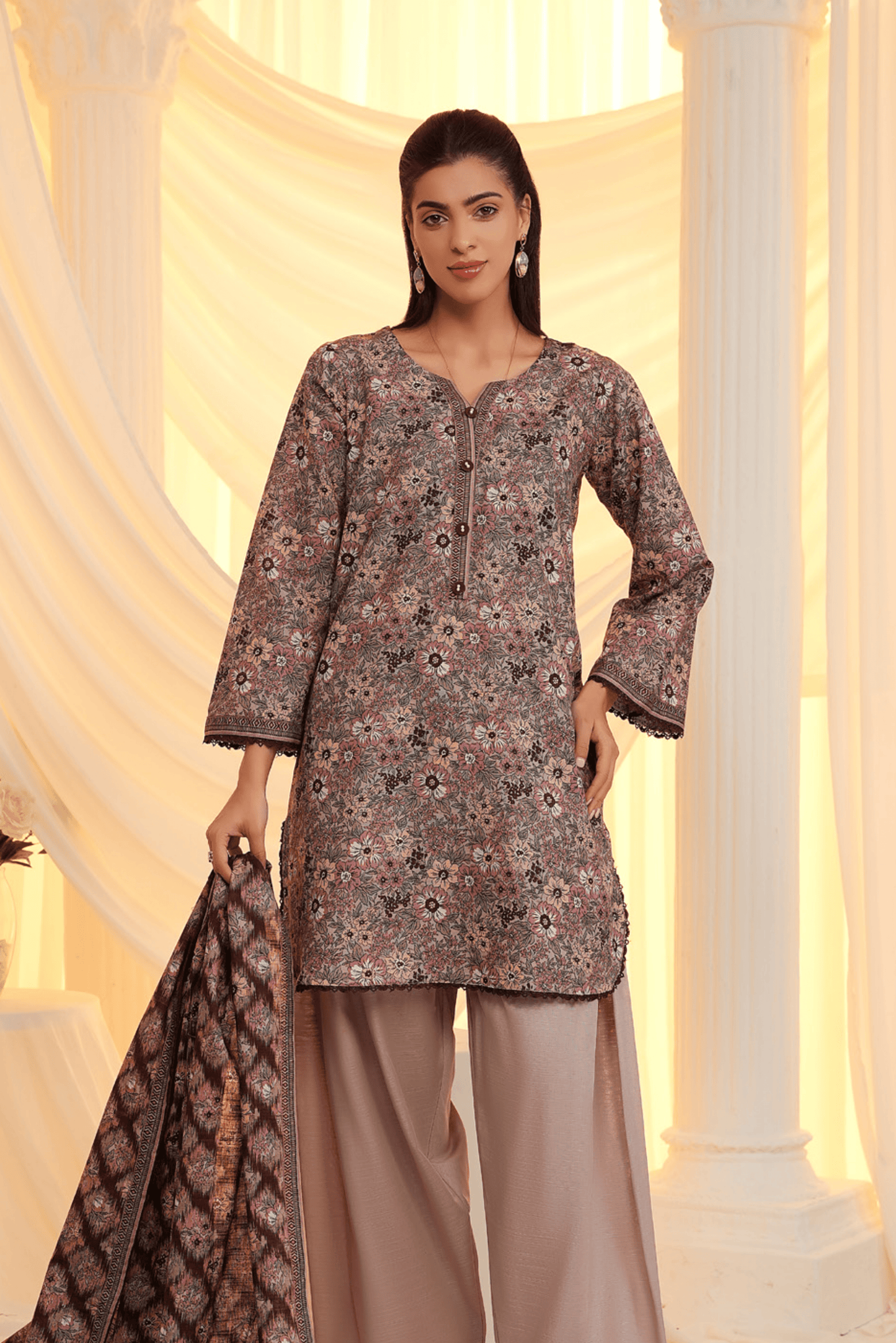 3 Pieces - Regalia Unstitched Peach Printed Khaddar Suit