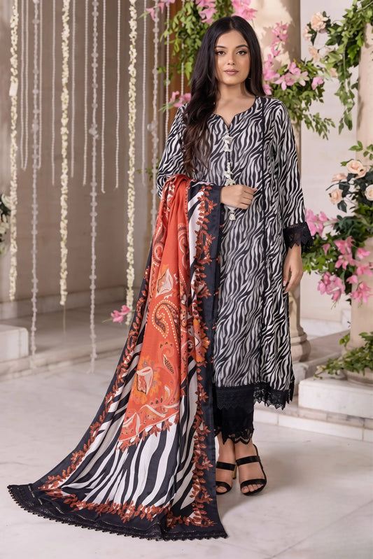 3 Pieces - Regalia Unstitched Black Printed Linen Ladies Suit