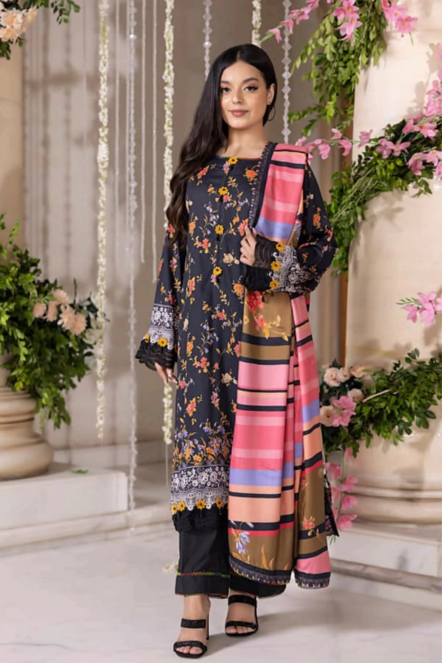 3 Pieces - Regalia Unstitched Black Printed Linen Ladies Suit