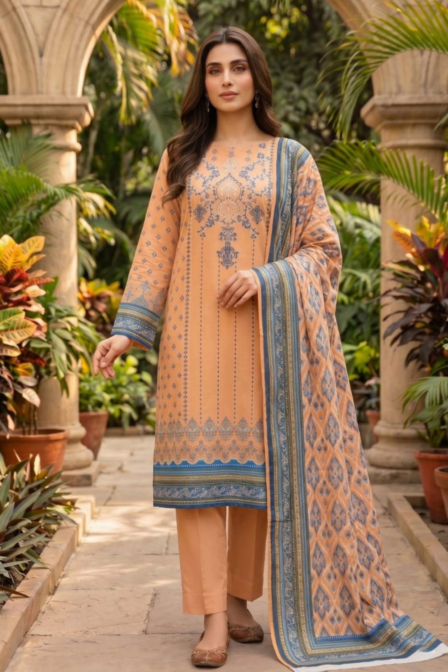 3 Pieces - Sohni Dharti Unstitched Peach Colour Premium Print Lawn Suit