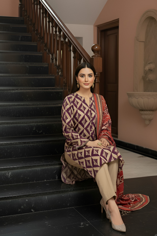 3 Pieces - Marooj Unstitched Skin Printed Khaddar Suit