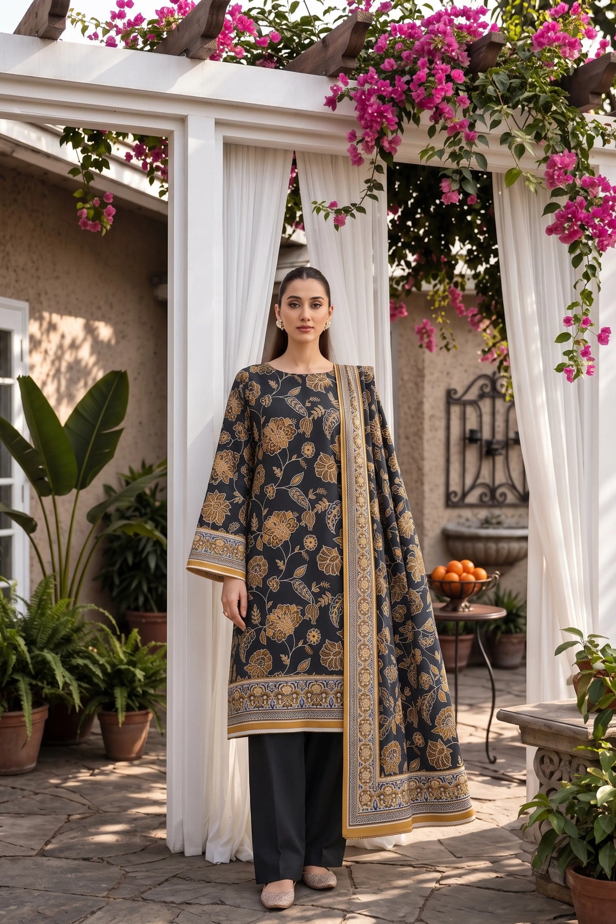 3 Piece - Marooj Ethnic Premium Printed  Unstitched Black khaddar Suit